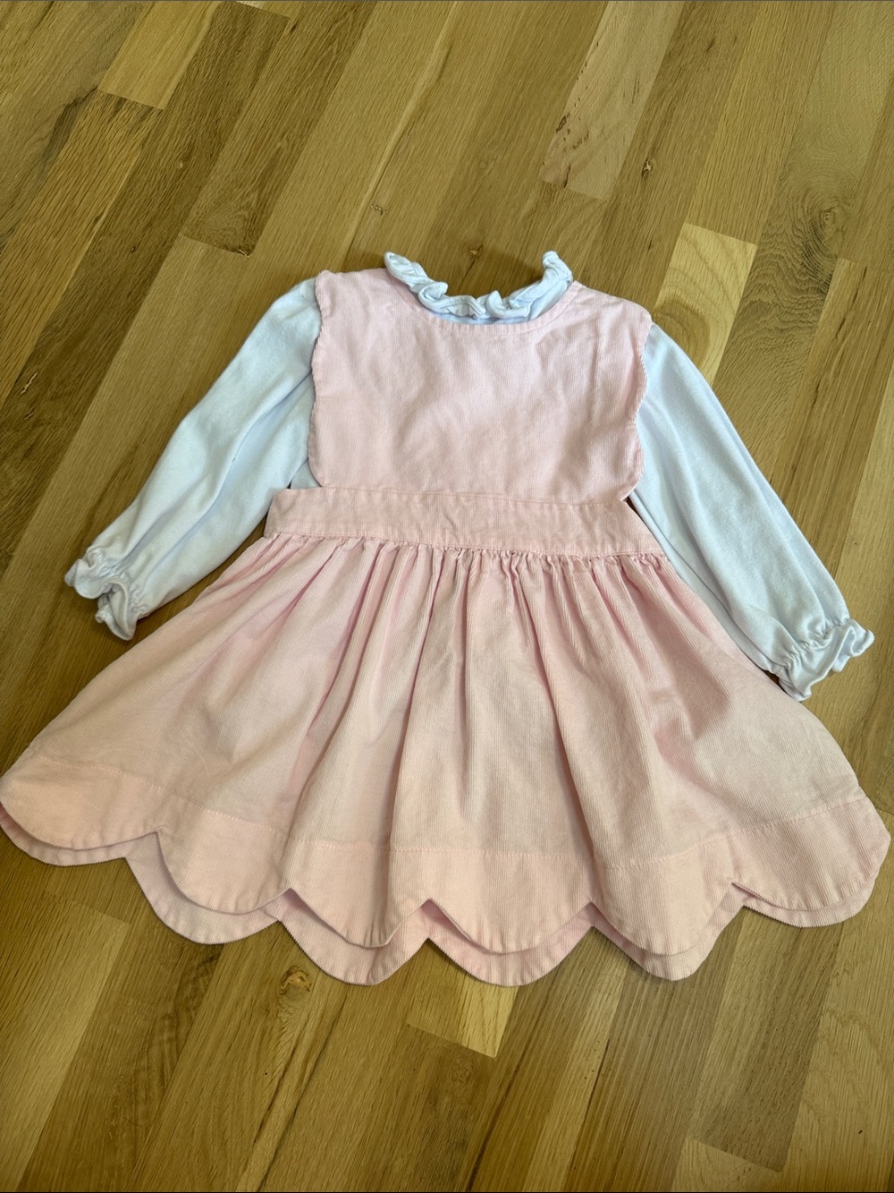Girls Light Pink Scallop-Hem Layered Dress with White Long-Sleeve Top